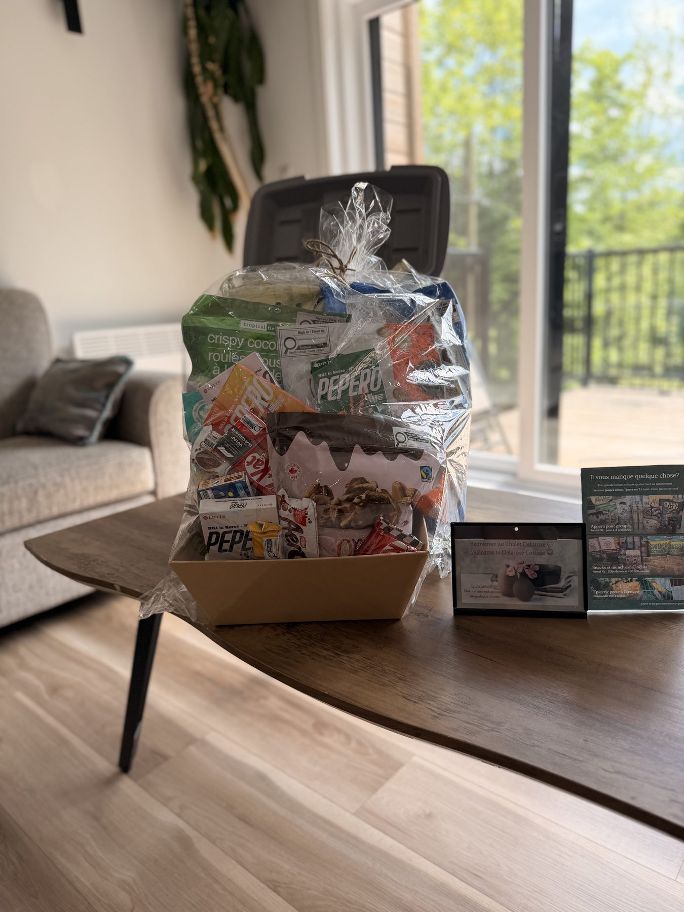 Snack basket placed in the chalet living room before guests arrive